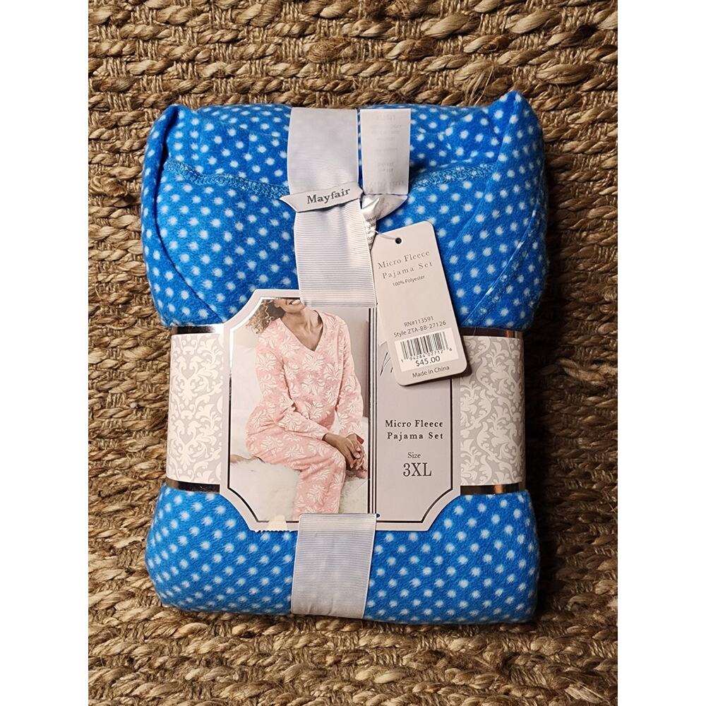 NEW Mayfair Womens 3XL 2Pc UltraSoft Fleece Blue White Polka Dot Pajama Set Gift